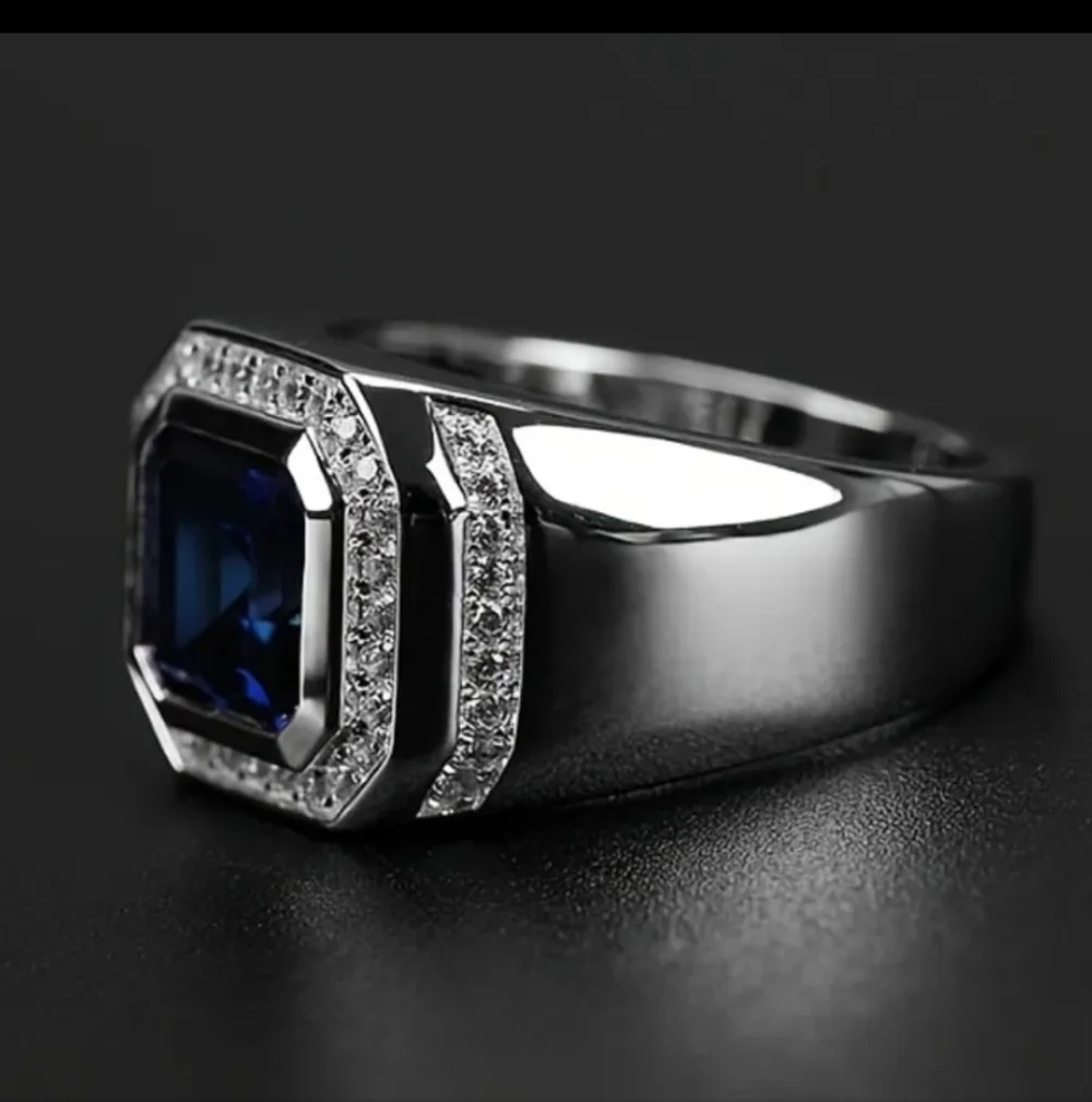 Stainless Steel Blue Gemstone Crystal Ring Men's